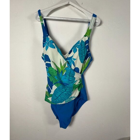 Real Comfort by Chadwick's Tropical Blue Floral Women One-Piece Swimsuit Size 14 - Picture 1 of 10
